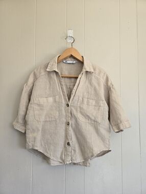 Zara Cropped Linen Button Up Shirt Short Sleeves Tan Size XS